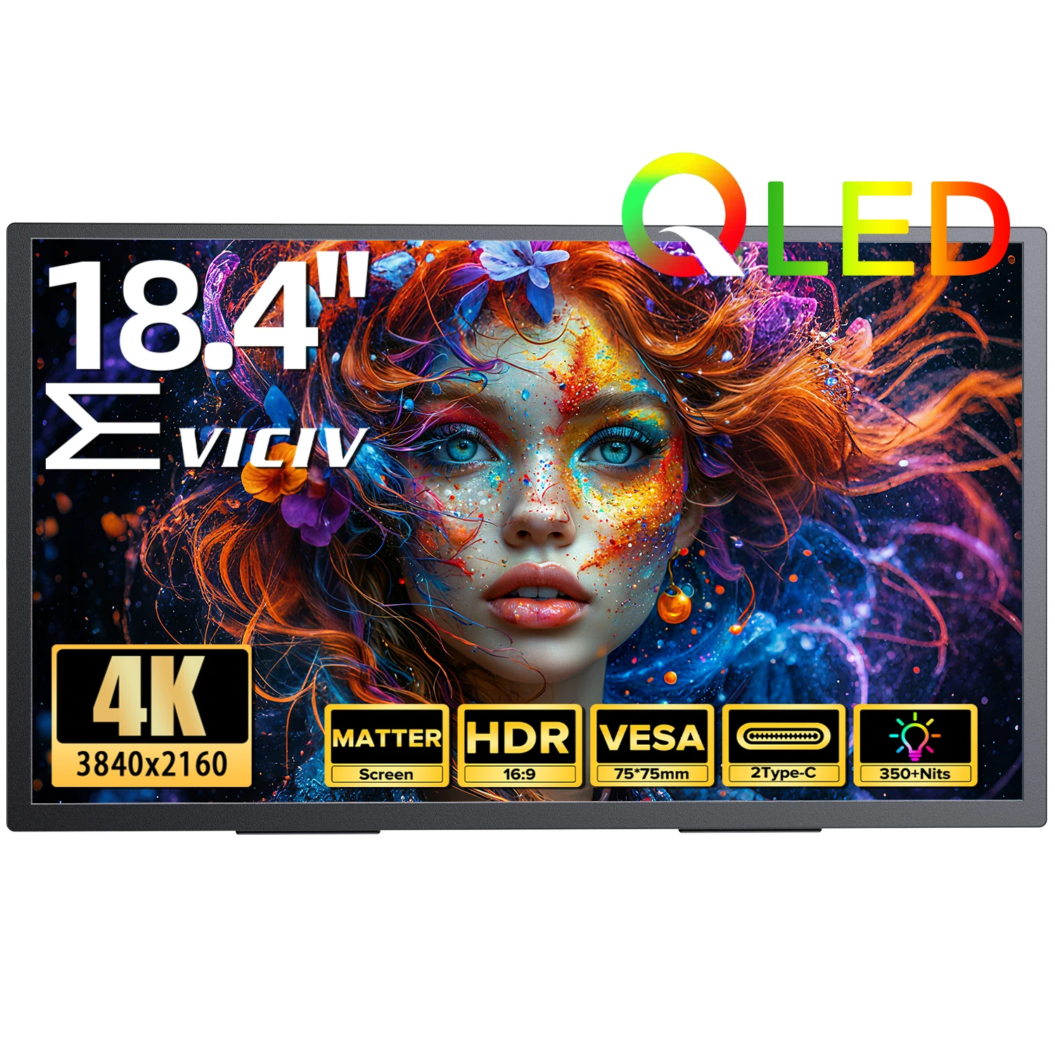 شاشة EVICIV المحمولة مقاس 18.4 بوصة QLED بدقة 4K UHD 100% DCI-P3 لألعاب الكمبيوتر، ومنفذ USB-C HDMI HDR، وشاشة لأجهزة الكمبيوتر المحمول، وأجهزة Mac Surface PC، وPS4/PS5 Xbox، ومكبرات صوت مدمجة بمسند VESA
