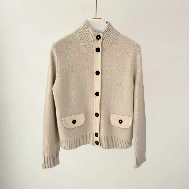 2025 Autumn/Winter New Style Sheep Wool And Cashmere Blend Knitted Cardigan With Suede Trim Long Sleeves