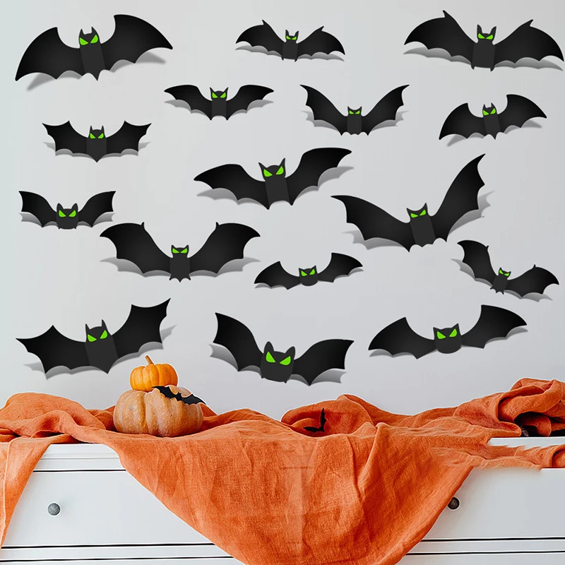 16/128pcs Halloween 3D Black Bat Wall Stickers Home Room Indoor DIY Decoration Scary Props Wall Decals Window Sticker