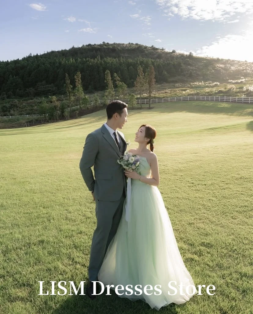 LISM Simple A-Line Korea Wedding Dresses Photo Shoot Tulle Sleeveless Floor Length Elegant Evening Gowns웨딩드레스 Customized Corsets