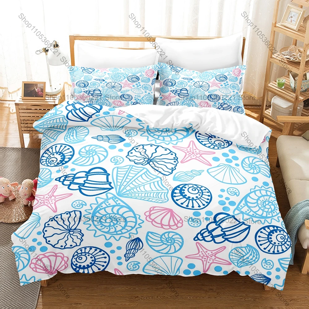 Kawaii Cartoon Shell Three Piece Bedding Set Luxury Comforter Set with Queen King Size Cool Two household goods Anime Ocean Anim