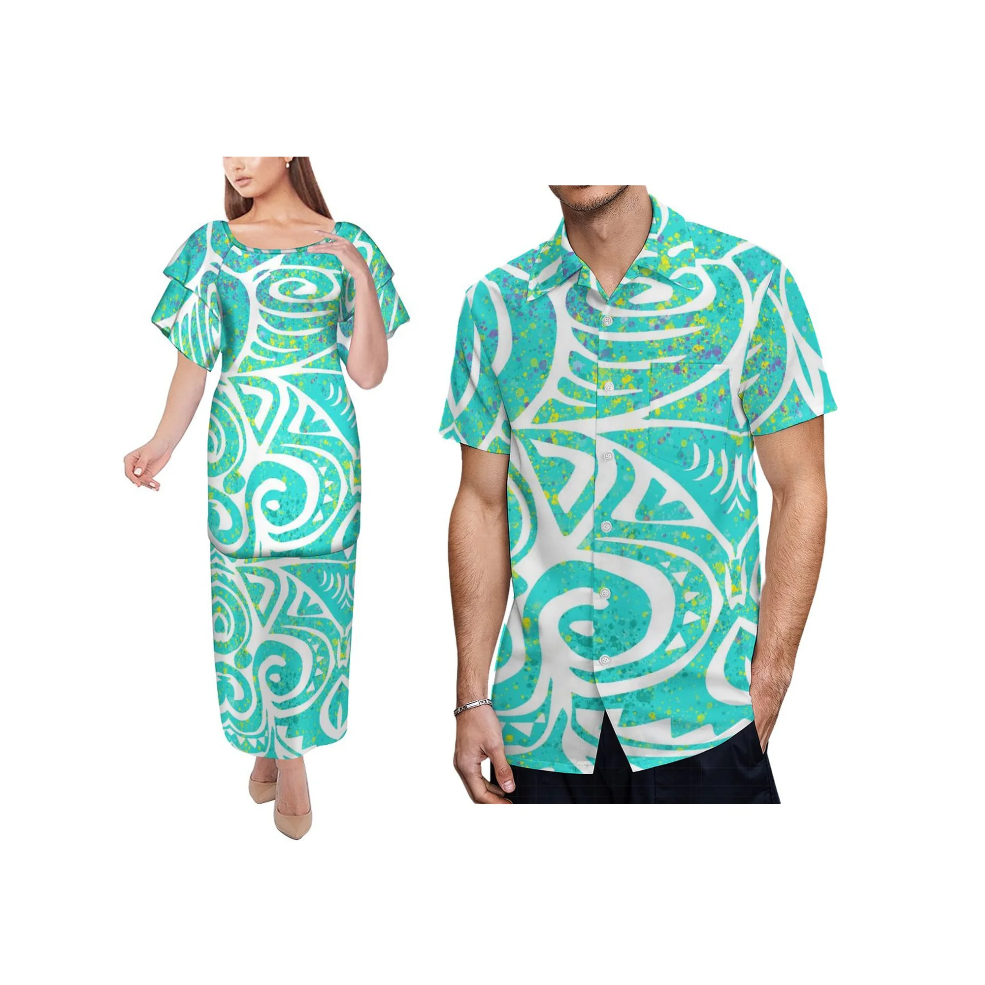 폴리네시아 Puletasi 부족 가족 의류 플러스 사이즈 Puletasi 세트 셔츠 커플 매칭