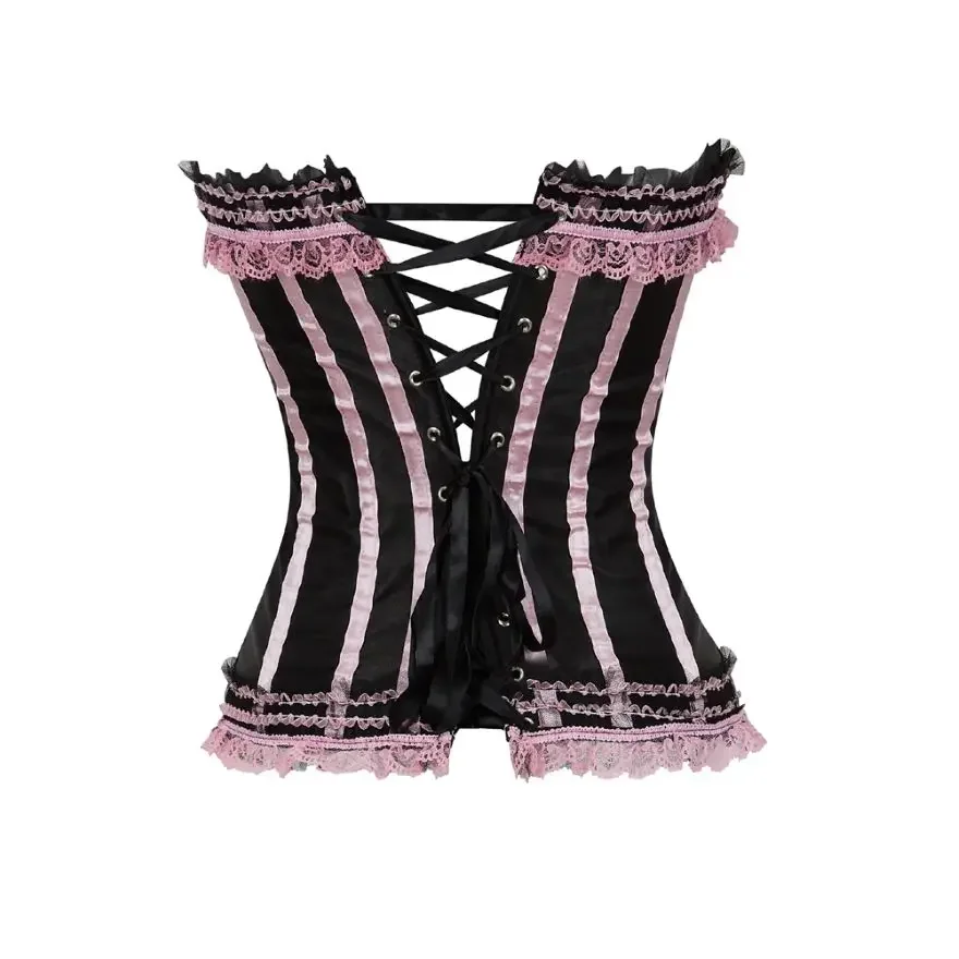 Sexy Lace Overbust Corset Top Women Vintage Satin Striped Lace up Bustier Ladies Satin Body Shaper Burlesque Costume