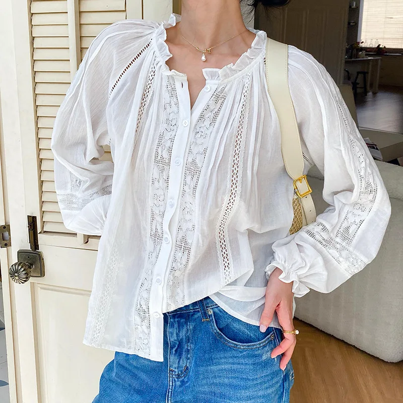 

2025 Spring Autumn French Cotton Shirt Women's Ruffle O-Neck Lantern Sleeve White Shirt Blouse Holiday Bohemian Beach Cover-up