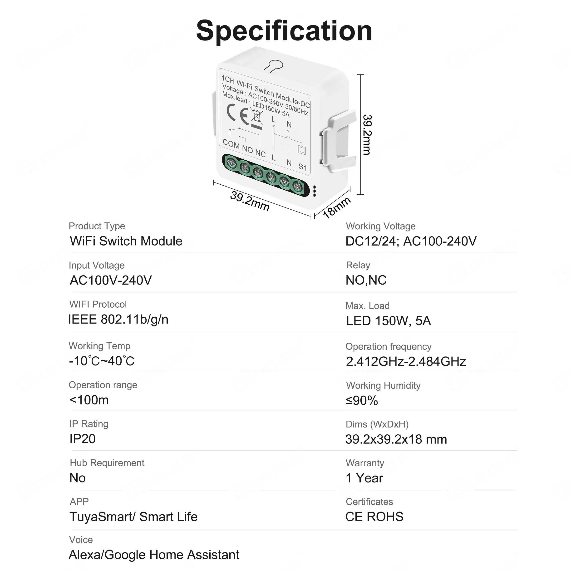 Модуль перемикання WiFi Tuya DC, Smart Home DIY Dry Contact Switch DC 12/24V AC 100-240V Сумісний з Alexa Google Home Assistant