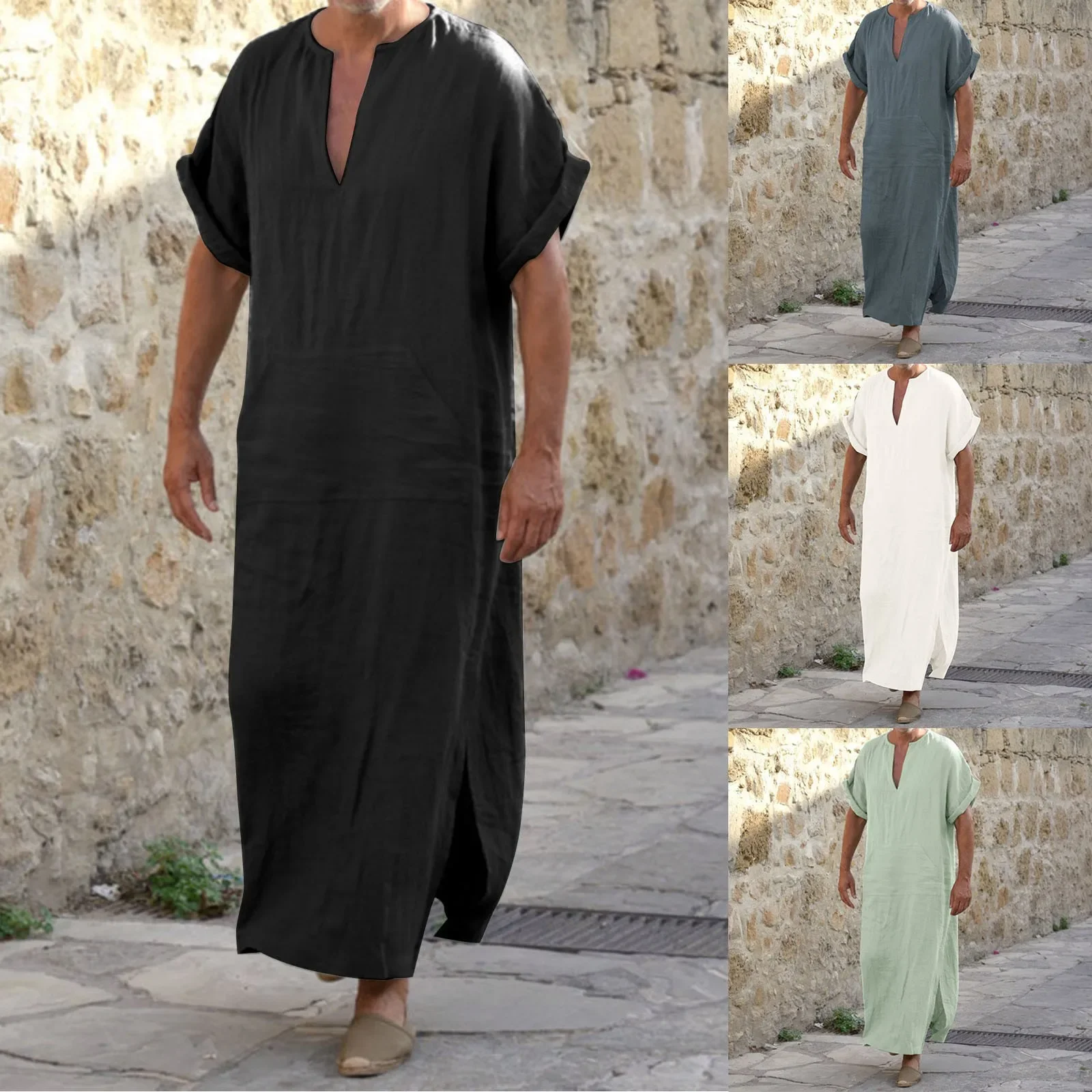 Islamitische Galabia Moslim Mannen Kleding Plus Maat Halve Mouw Effen Kleur V-Hals Moslim Thobe Losse Casual Midden-Oosten Dubai Thobe