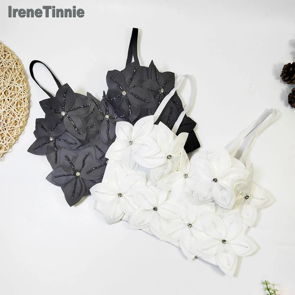 IRENE TINNIE New 3D Flower Beaded Camisole Push Up Bustier Bra Female Nightclub Party Short Tank Top Cropped Top Ropa De Mujer