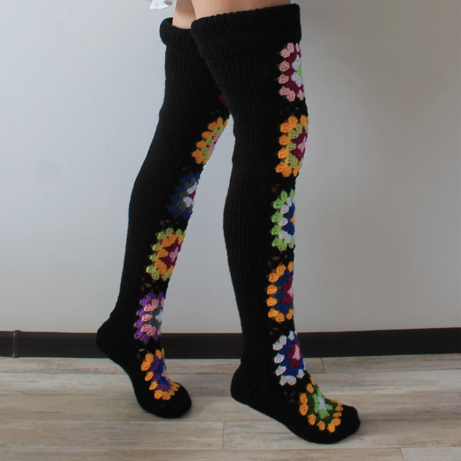 Womens Granny Square Over Knee High Socks Crochet Knitted Stockings Tube Long Leg Warmers Cable Thigh High Boot Socks