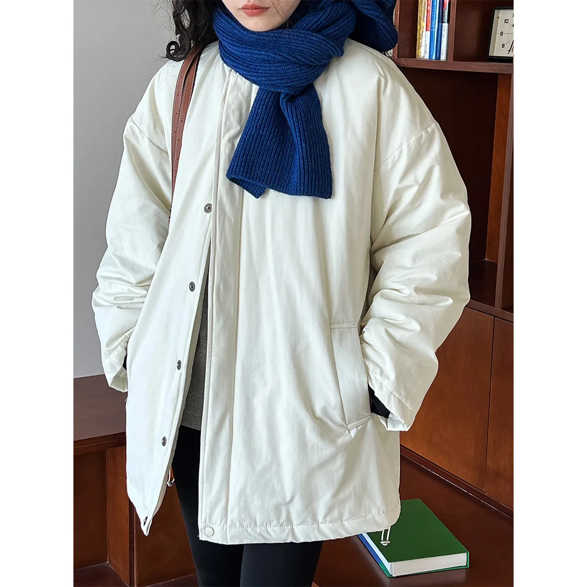 

Women's Loose Fit Long Jacket Cotton Workwear Coat Warmth Inner Filling Stand Collar Mid-Length Outerwear
