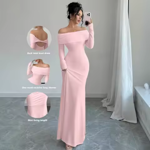 Women's Fashion Autumn Elegant Dress - Chic Boat Neck Bodycon Pencil Dress Office Lady Slim Fit Party Evening Midi Dress