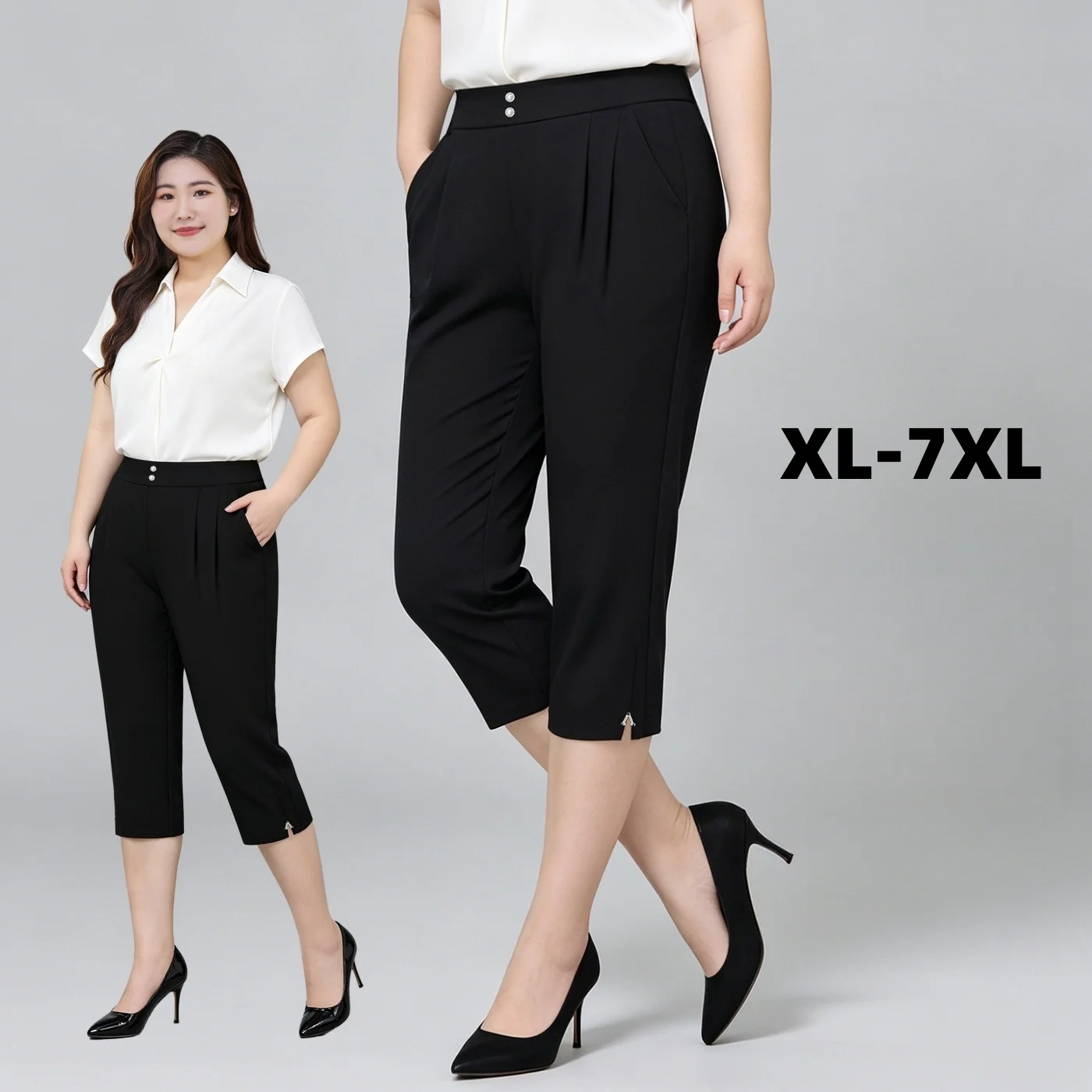Summer Girls Capri Shorts Thin Black khaki High Waisted Plus Size 7XL 6XL 5XL Woman Office Lady Female Slim Fit Cropped Trousers