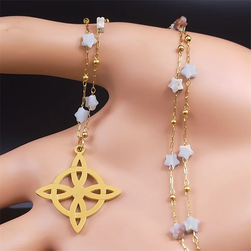 Vintage Witch Celtic Knot Stainless Steel Pendant Necklace for Women Natural Stone Star Chain Handmade Necklaces Jewelry N1724