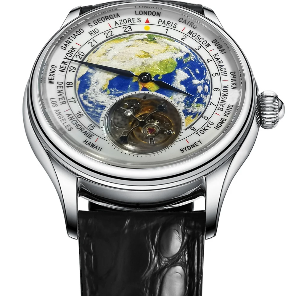 Men\'s Globe Earth Tourbillon Mechanical Watches ST8000 Movement 3D Enamel Dial Sapphire 1963 Men Watch Alligator Leather