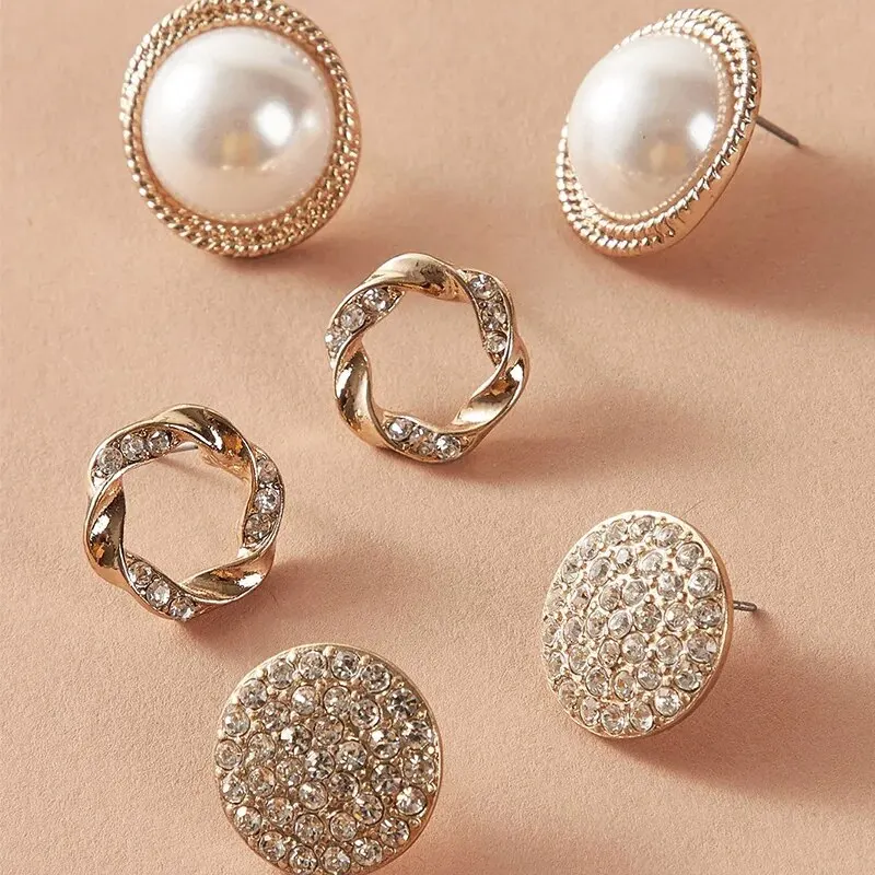 3 Pairs Stud Earrings For Woman Girly Round Shape With Sparkling Rhinestones Gold-Color Temperament Fine Jewelry Ballet Fantasy