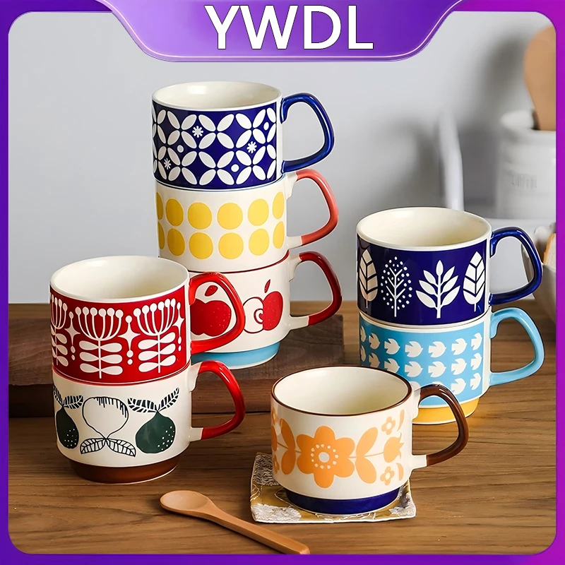 

YWDL Japanese Flower Coffee Mug Set Retro Ceramic Milk Oats Mug Office Water Handgrip Cup Kitchen Party Drinkware Set 300ml