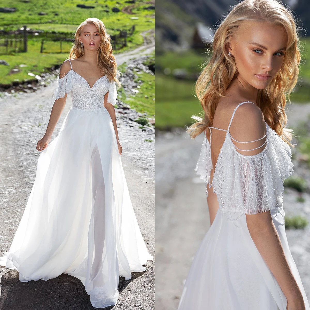 Vestidos De novia bohemios con tirantes finos, apliques De encaje, línea A, vestidos De novia bohemios, vestidos De novia bohemios hechos A medida, vestido De tren De barrido