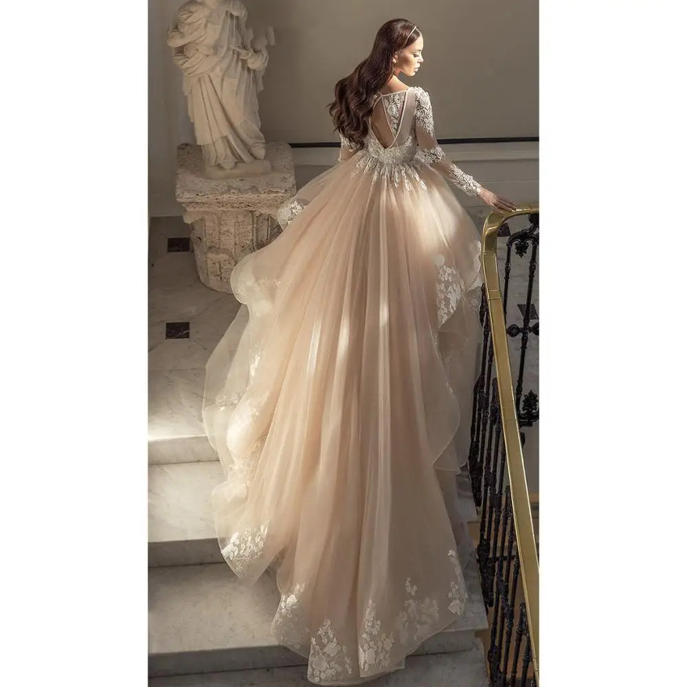 Vestidos De Novia elegantes con cuello en V, línea A, manga larga, tul, Apliques De encaje, color champán