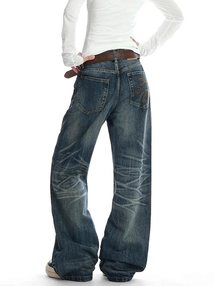 

Retro American Large Size Distressed Whisker Design Denim Jeans High Waist Straight Leg Pants Women's Slimming Versatile