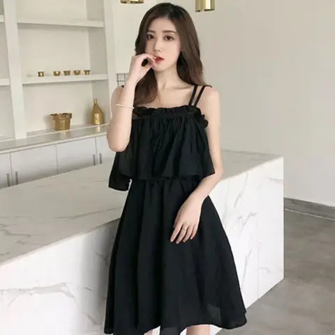 2022 Summer Women White Black Chiffon Dress Backless Lotus Leaf Short Sleeve Ladies Sundress