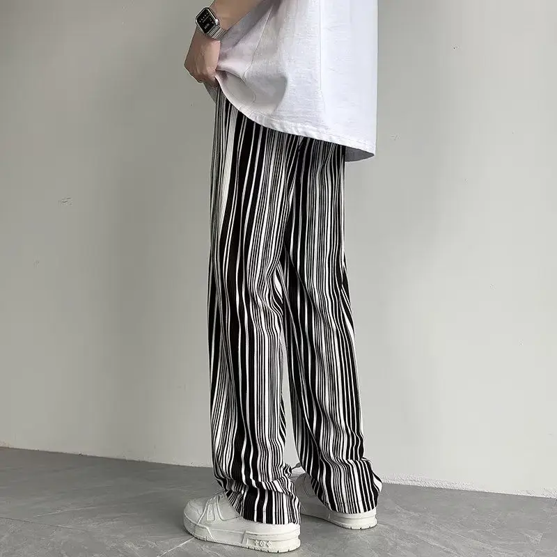 Spring Summer New Elastic Waist Striped Contrast Color Straight Pants Man High Street Casual Loose Drawstring All-match Trousers