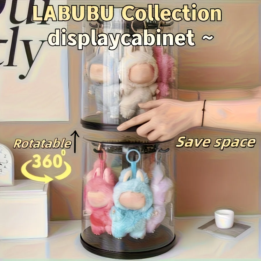 360 ° خزانة عرض دوارة سوداء من LABUBU مع غطاء قبة وقاعدة مقاومة للغبار - صندوق تخزين المقتنيات الأسطوانية #4