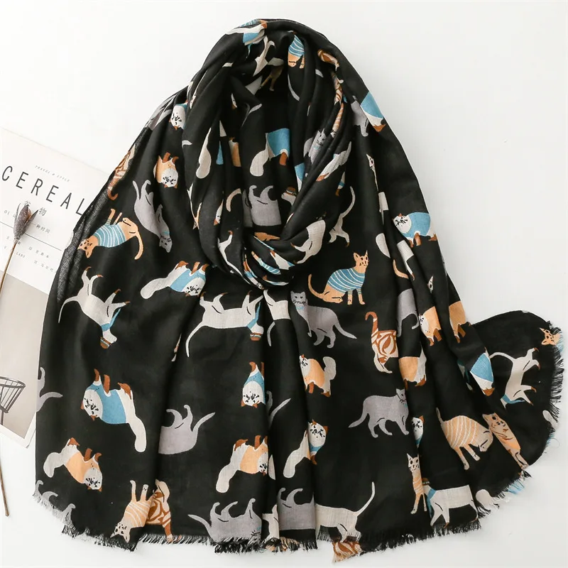 Lovely Cartoon Cat Pattern Fringe Viscose Shawl Scarf Lady Girls High Quality Wrap Pashmina Stole Bufandas Muslim Hijab 180*90Cm