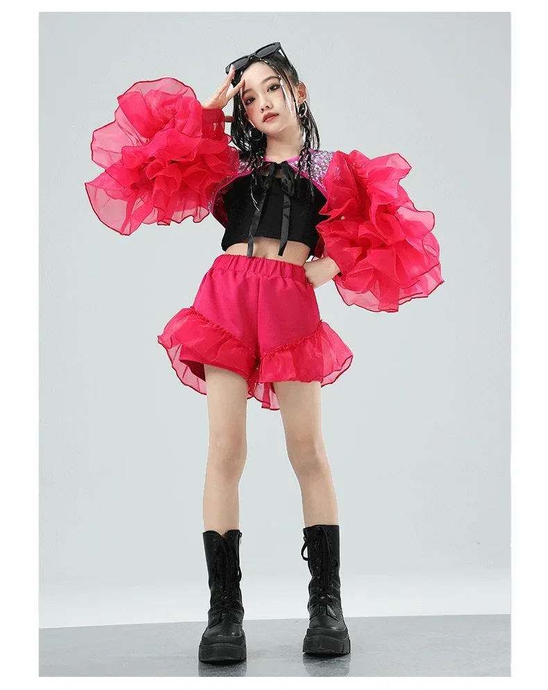 Mädchen Rosa Paillettenkleid mit Puffärmeln Jazz-Tanz Laufsteg-Show-Kostüm Trendiges Kinder-Auftritts-Outfit – Detail 12