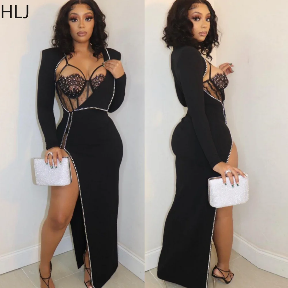 

HLJ Sexy Lace Rhinestones Bodycon High Slit Party Club Dress Women Deep V Long Sleeve Slim Vestidos Fashion Solid Color Clothing