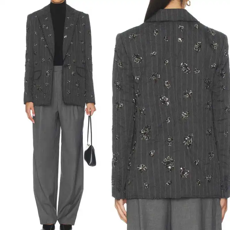 

Fashion Women Suit 2 Piece Blazer Pant Single Breasted Bead Crystal Street Commute Office Occasion Wear Customized