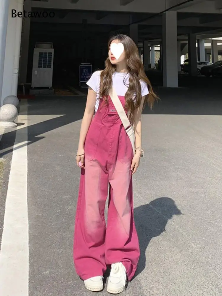 Ladies Faded Wash Pink Denim Bib Overalls Loose Fit Wide Leg Trousers Front Pocket Straps Fashion Jumpsuit for Daily Wear