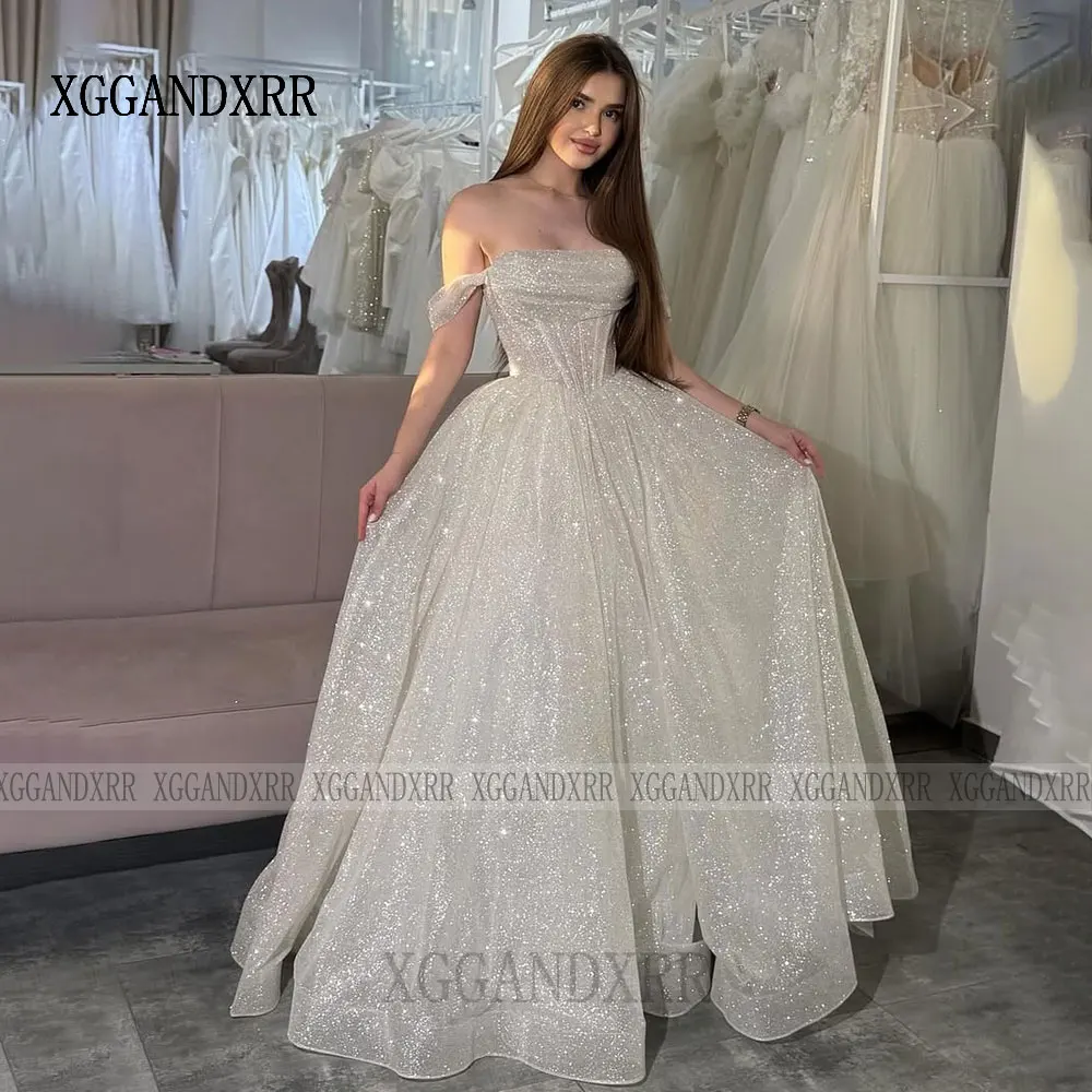 Customized A Line Prom Dress 2026 Sparkling Fabric Sweetheart Off Shoulder Backless Elegant Evening Party Gown Luxury Formal