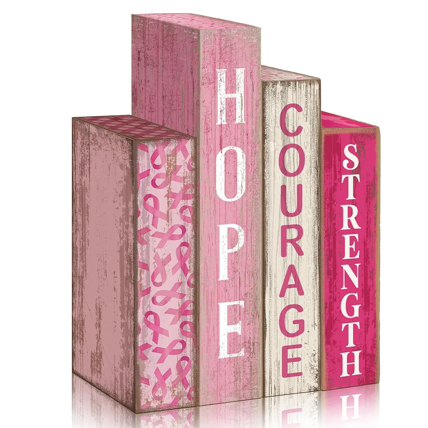 Breast Cancer Awareness Wooden Book Sign 4Pcs Pink Ribbon Table Decor Gift