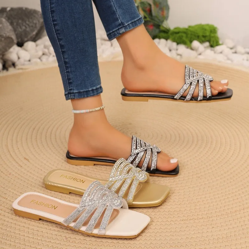 

Plus Size Slippers Summer New Square Toe Rhinestone Slender Strap Cutout Soft Sole Non-Slip Flats