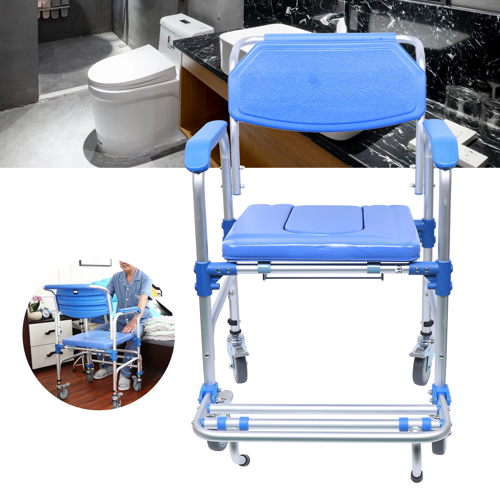 Portable Shower Chair Commode Chair Toilet Seat with Casters Medical Aids Obstacles