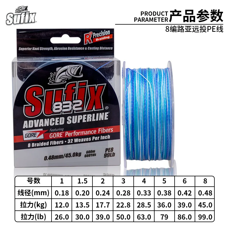 Sufix Lure Main Line 832PE Line 8 Braids Long-distance Sea Fishing Strong Fishing Line Five-color 300/600 Meters