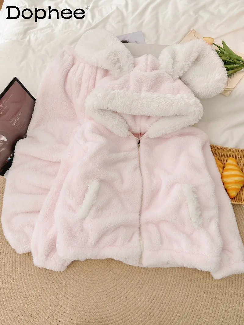 

Winter Plush Warm Cartoon Bunny Pajamas for Women Coral Fleece Hooded Pink Homewear Set 2025 Autumn Winter New Model