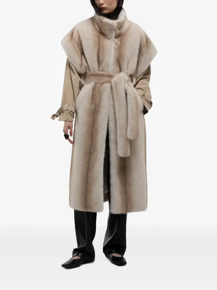 LIMO Women Faux Mink Fur Long Coat Stand Collar Belted Spliced Sleeve Warm Outerwear