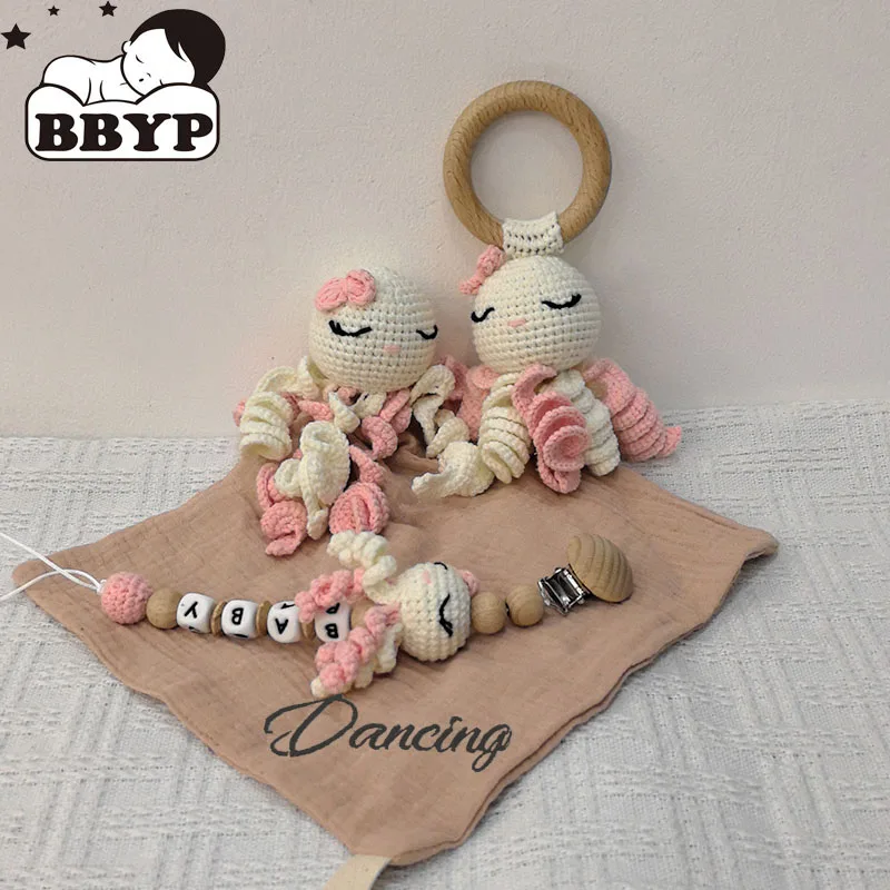 Personalized Name Baby Wooden Rattle Toys Cartoon Crochet Octopus Doudou Towel Sleeping Dolls Soothe Appease Towel Newborn