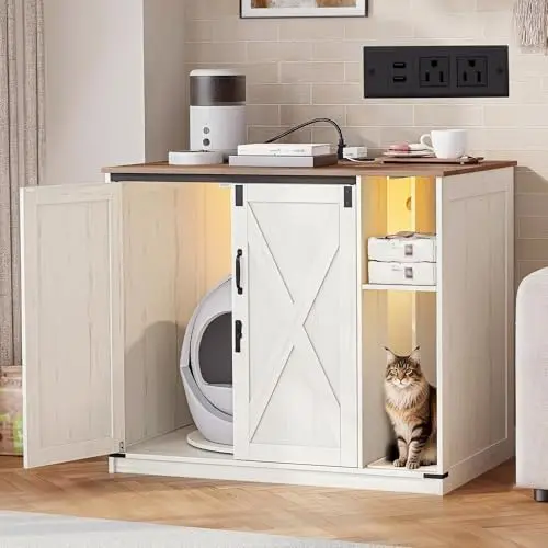 Large Cat Litter Box Enclosure, Self-Cleaning Litter Box Furniture | Hidden Litter Box with Rotating Stand, Farmhouse