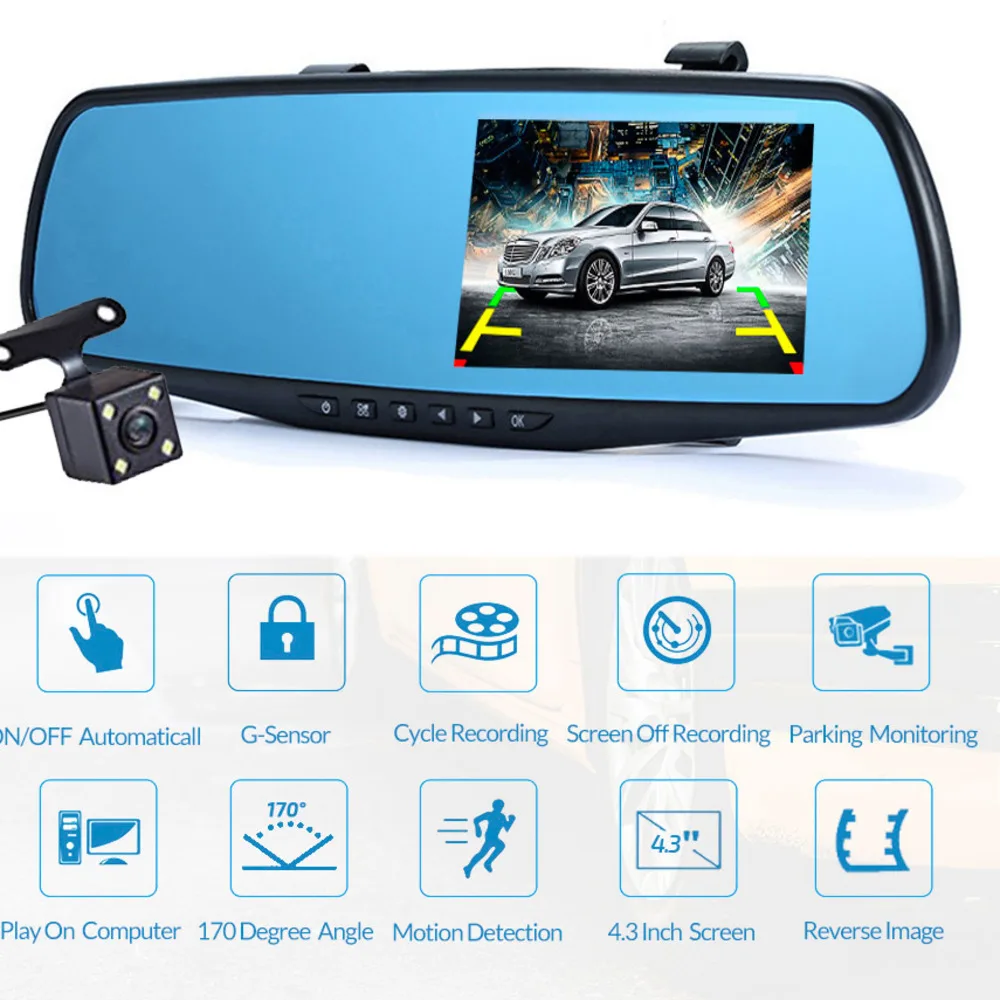 FHD 1080P Dash Cam Car Dvr Camera Auto 4.3 Inch Rearview Mirror Digital Video Recorder Dual Lens Registrator Camcorder