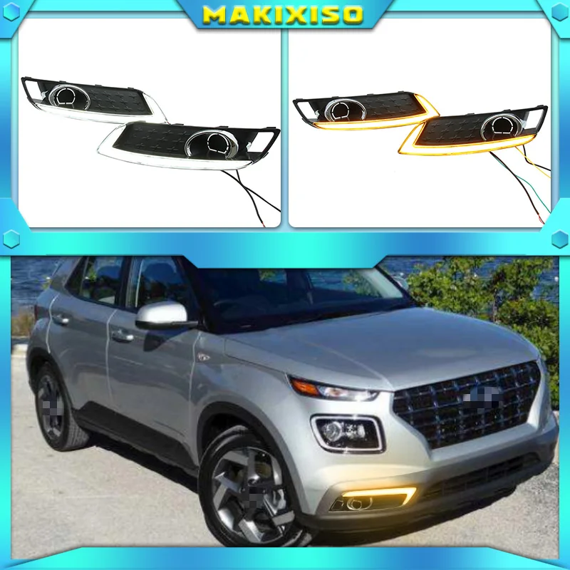 2Pcs LED Daytime Running Light For Hyundai Venue 2019 2020 Turn Yellow Signal Relay 12V Car DRL Lamp Waterproof