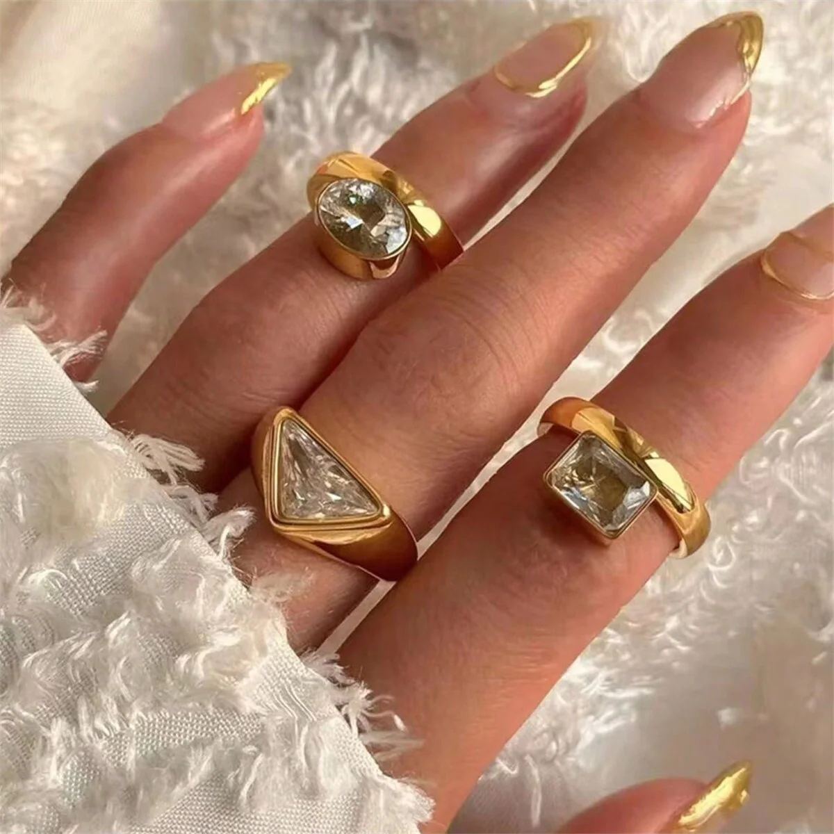 Vintage 18K Gold Plated Stainless Steel Zircon Triangular Square Oval Ring for Women Fashion Party Gift