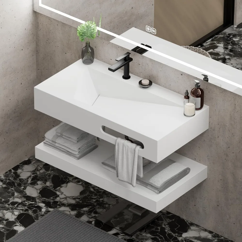 

Resin Bathroom Vessel Sink 32" Wall Mounted V-Shaped White Basin with Shelf and Towel Rack, Floating Vanity Sink