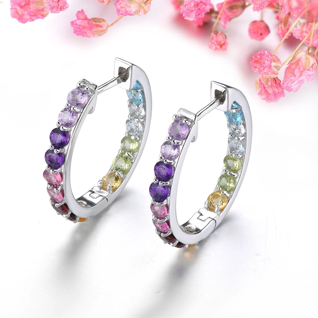

HT25 Fine Jewelry Solid 925 Sterling Silver Natural Multi Gemstones Earrings for Women Fine Presents