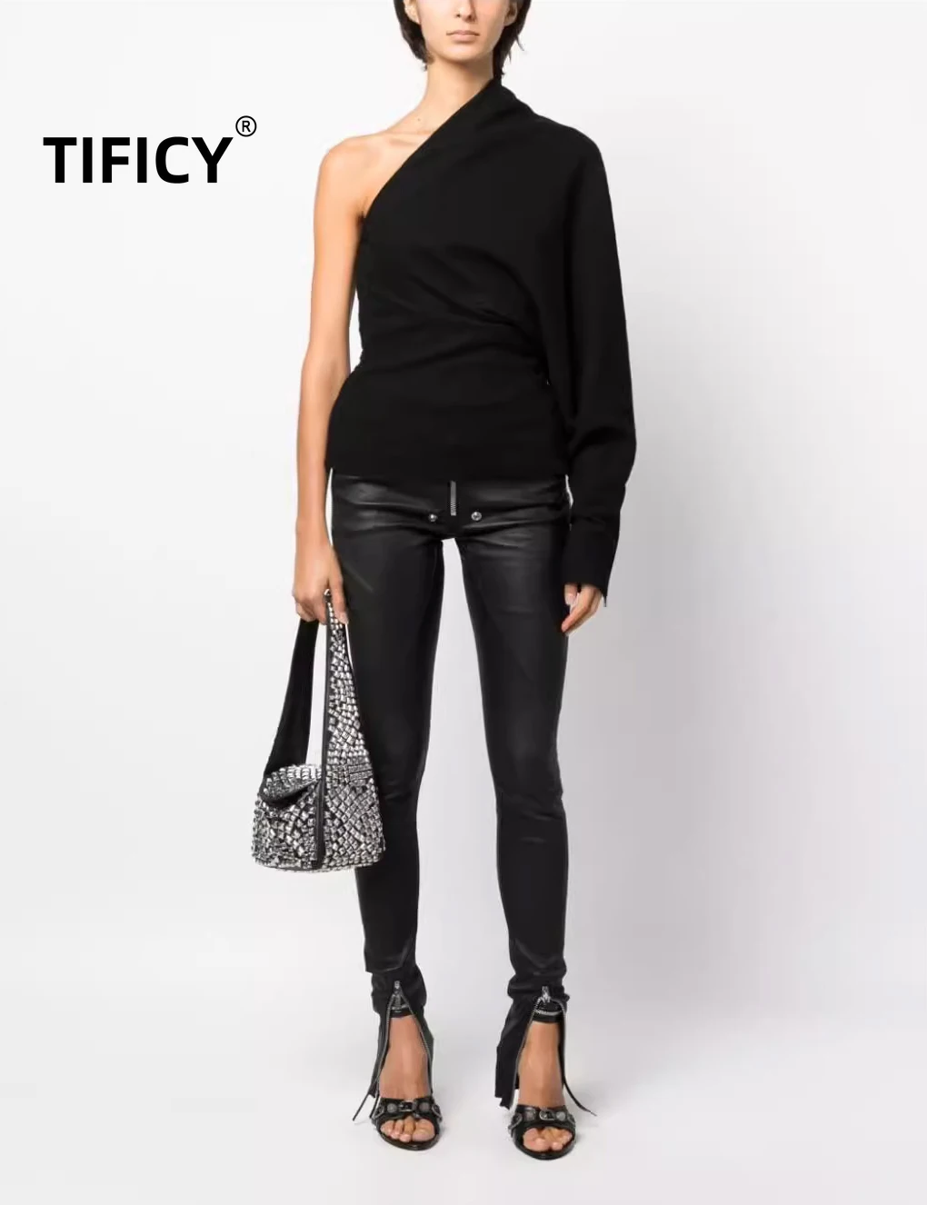 TIFICY High Street Jumpers Women's Dark New RO Irregular Single Shoulder Waist Tank Top Slanted Shoulder Sheep Wool Sweater