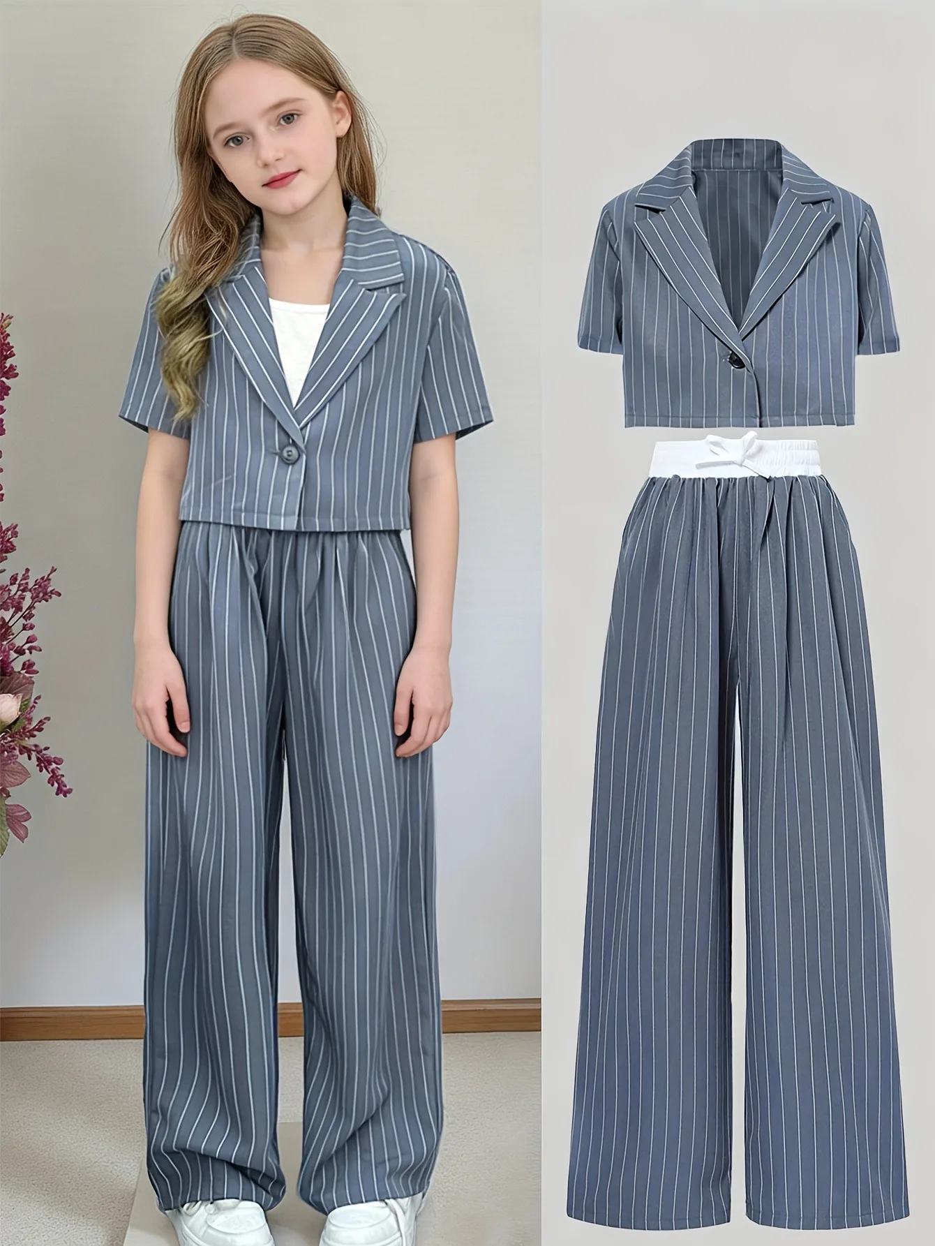 Blau gestreiftes 2-teiliges Hosen-Set für Mädchen: Cropped Blazer & Weite Hose – Süßes, formelles Outfit für Frühling/Sommer