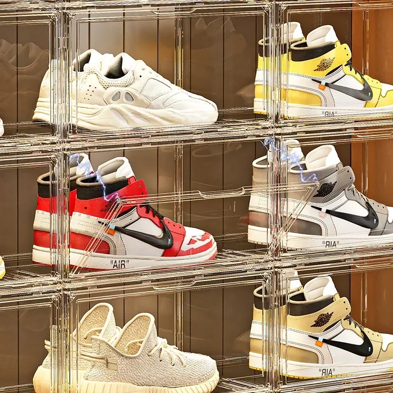 Fully Transparent Storage Box Side Open Magnetic Attraction Simple Plastic Figure Box Shoe Cabinet Folding Shoe Box