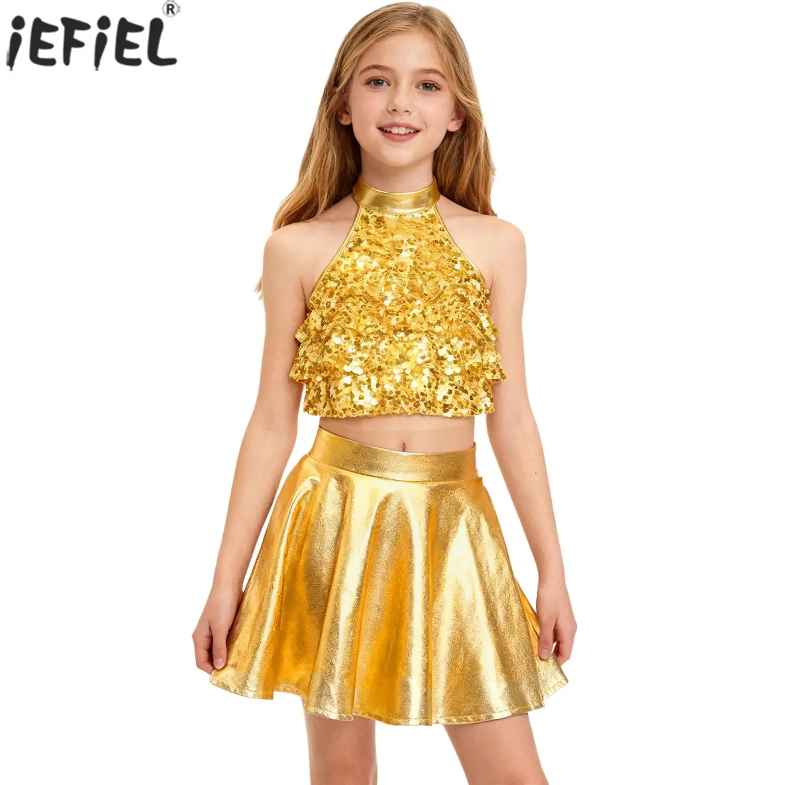 

Экипировка для джазовых танцев в стиле хип-хоп с блестками для девочек, многоуровневый укороченный топ без рукавов с металлической юбкой с рюшами для выступлений в стиле черлидинга