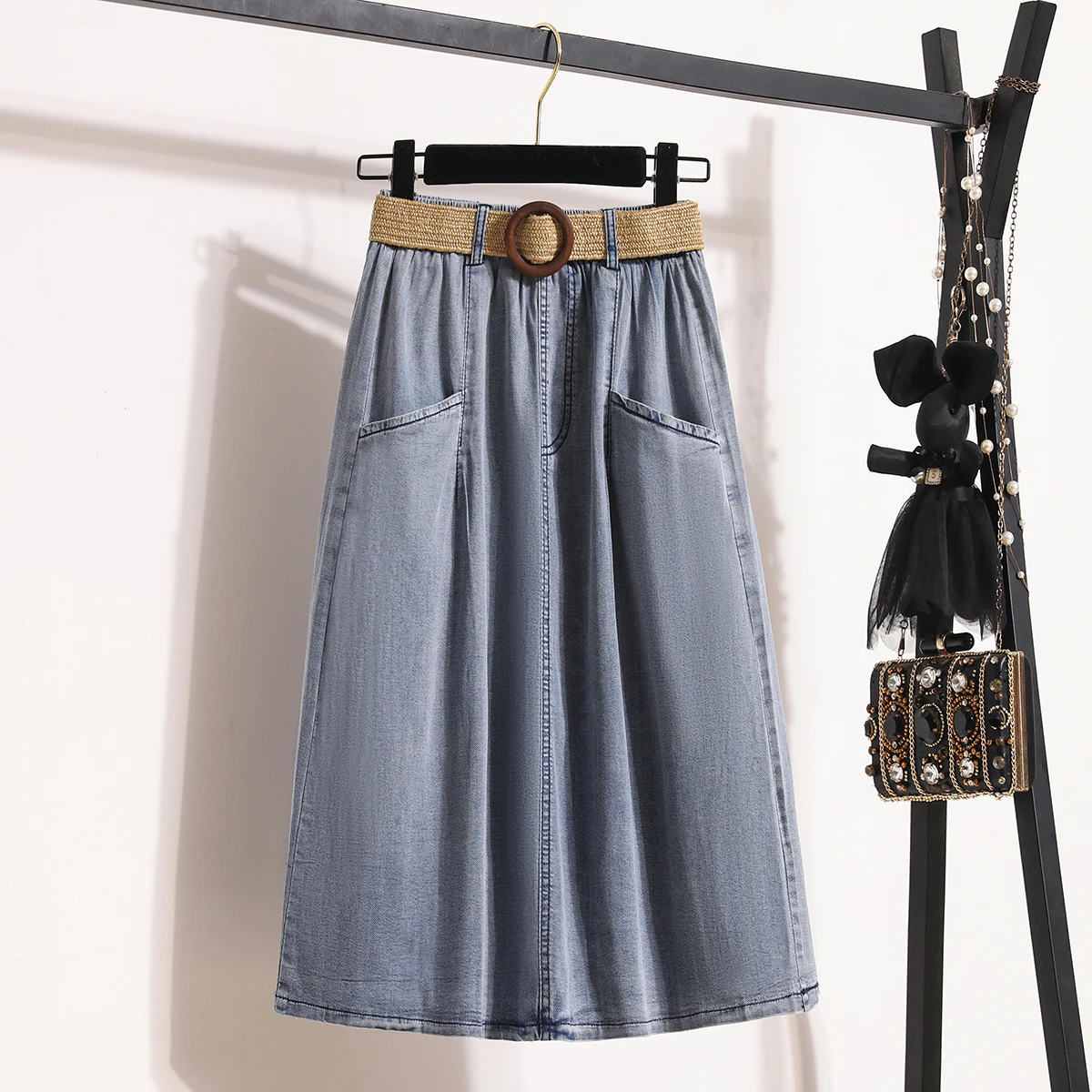 

Модная джинсовая юбка миди с высокой талией, женская утягивающая тонкая юбка трапециевидной формы больших размеров, новинка лета, повседневная хлопковая юбка