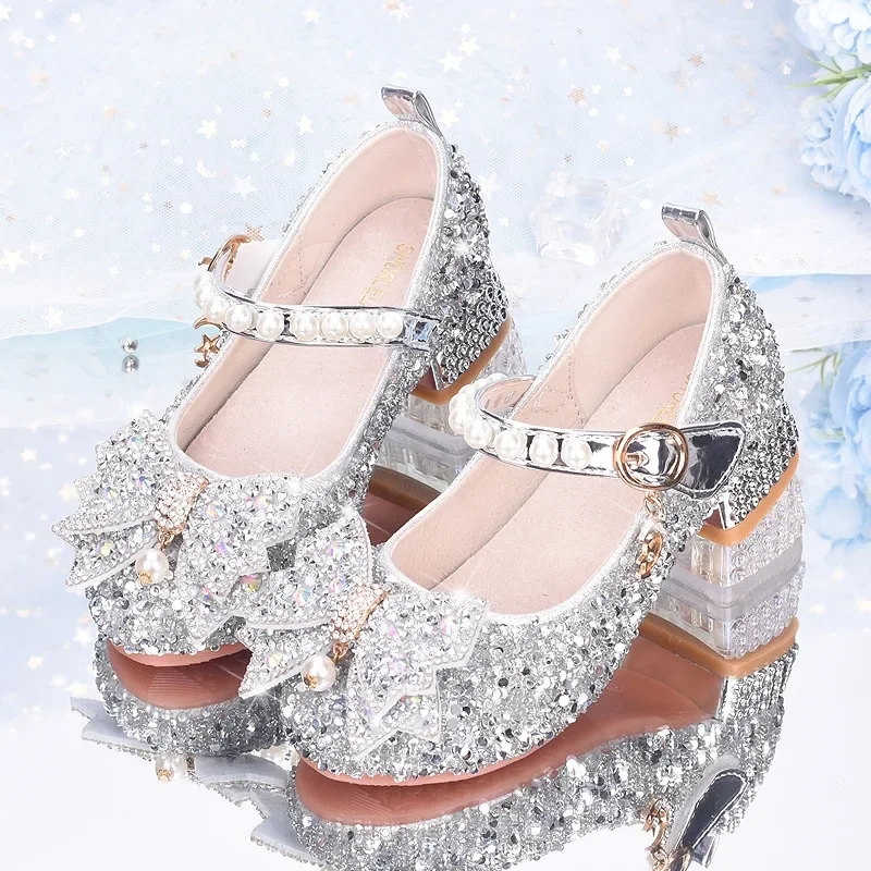 

2025 Summer New Children's Leather Shoes New Fashion Sequin Bow Girl Crystal Princess Shoes Student Performance High Heels